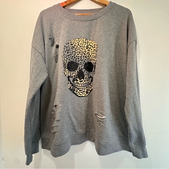 Blooming Jelly Sweaters - Blooming Jelly Women’s Size XXL Distressed Skull Sweater Gray Leopard Grunge
